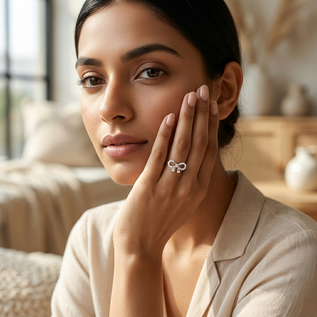 Portrait of an Indian woman elegantly resting her hand on her face, showcasing the Infinity Bow Silver Ring.