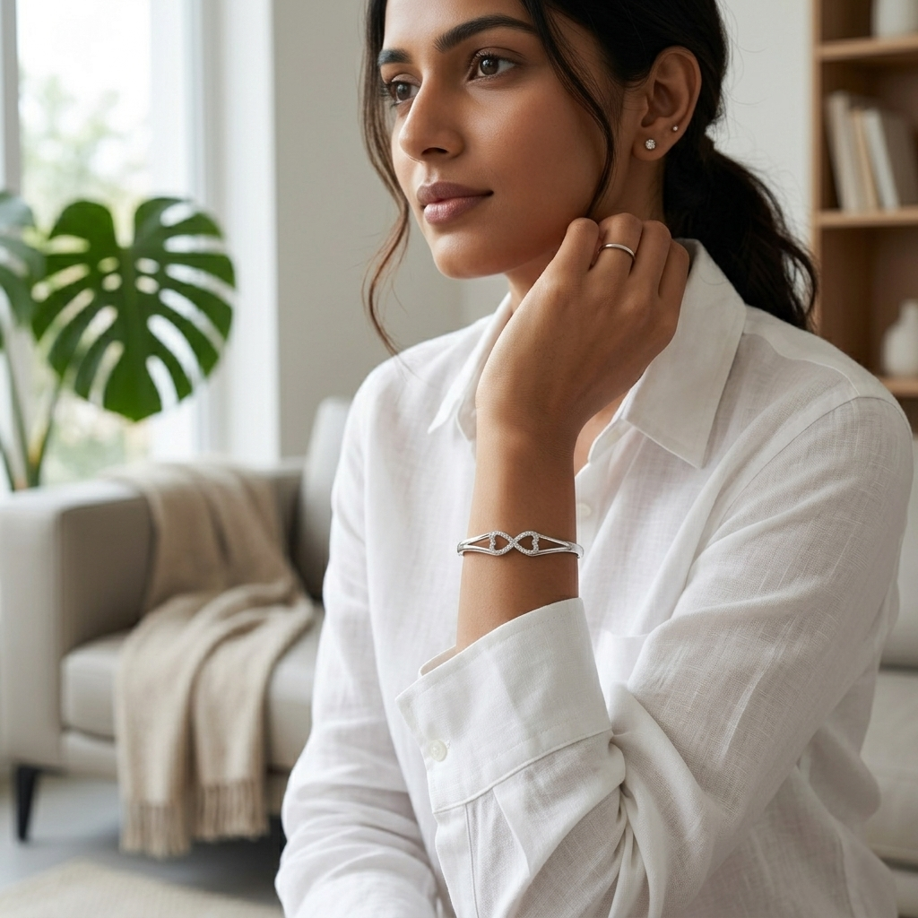 Woman in a white shirt sitting casually indoors while wearing the interlocking Infinity Design Silver Bracelet