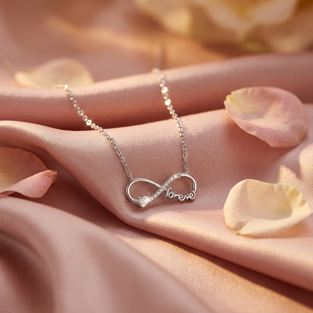 Infinity Heart Love Silver Necklace with a crystal heart and 'love' text resting softly on draped pink silk fabric sprinkled with rose petals.
