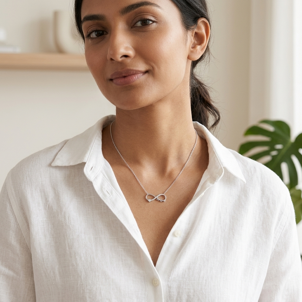 A woman wearing a crisp white button-down shirt accessorized with the delicate Infinity Heart Love Silver Necklace.