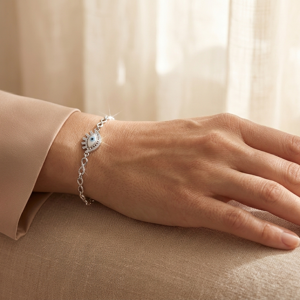 Top down perspective of the detailed evil eye centerpiece with eyelash flares on a silver chain