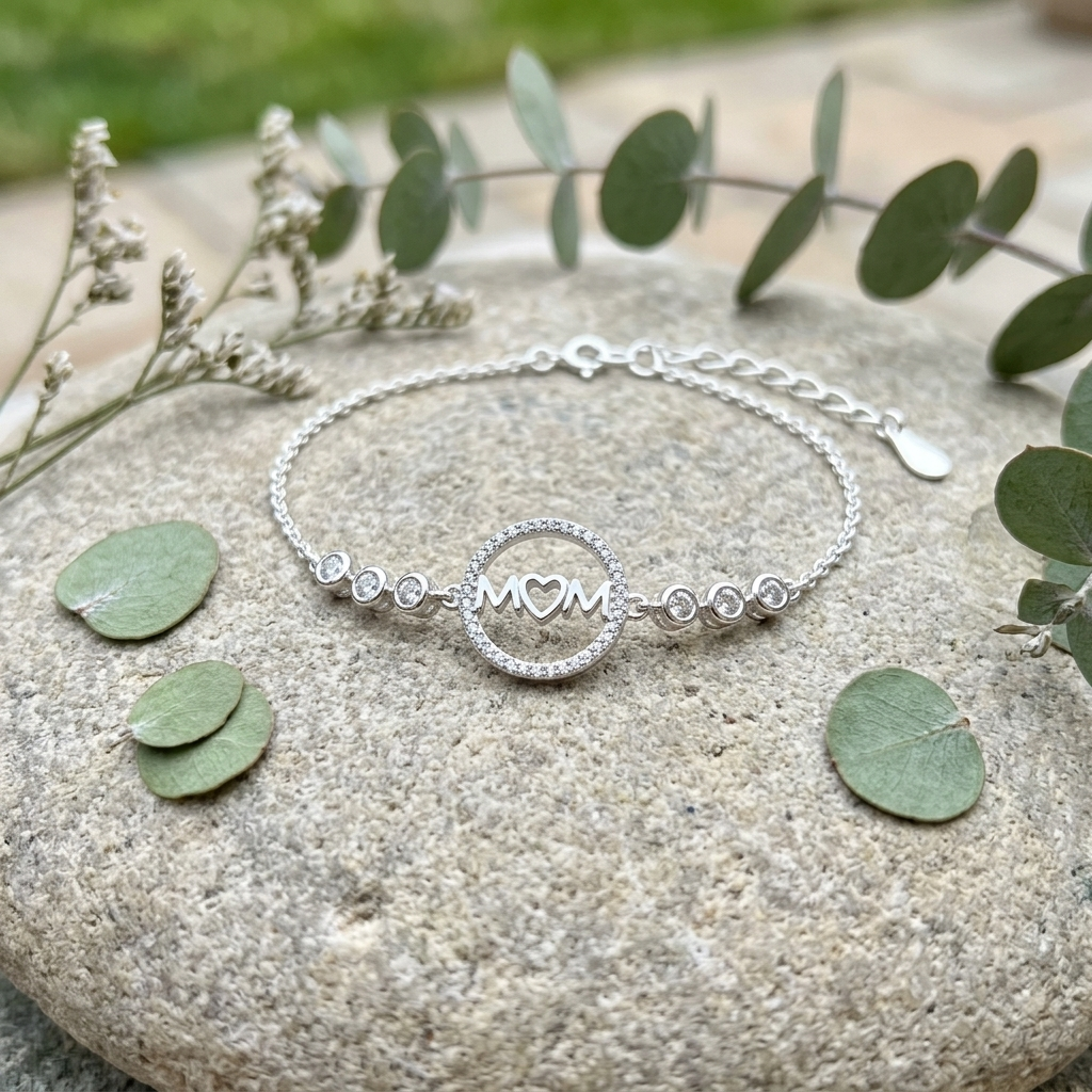 Close-up of the silver "MOM" centerpiece, highlighting the sparkling stones and cutout heart detail on a textured rock surface.