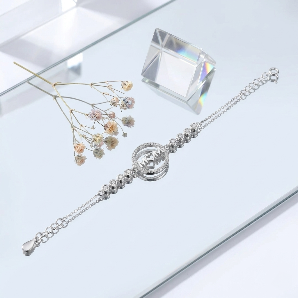 The silver "MOM" bracelet laid across a reflective mirrored surface.