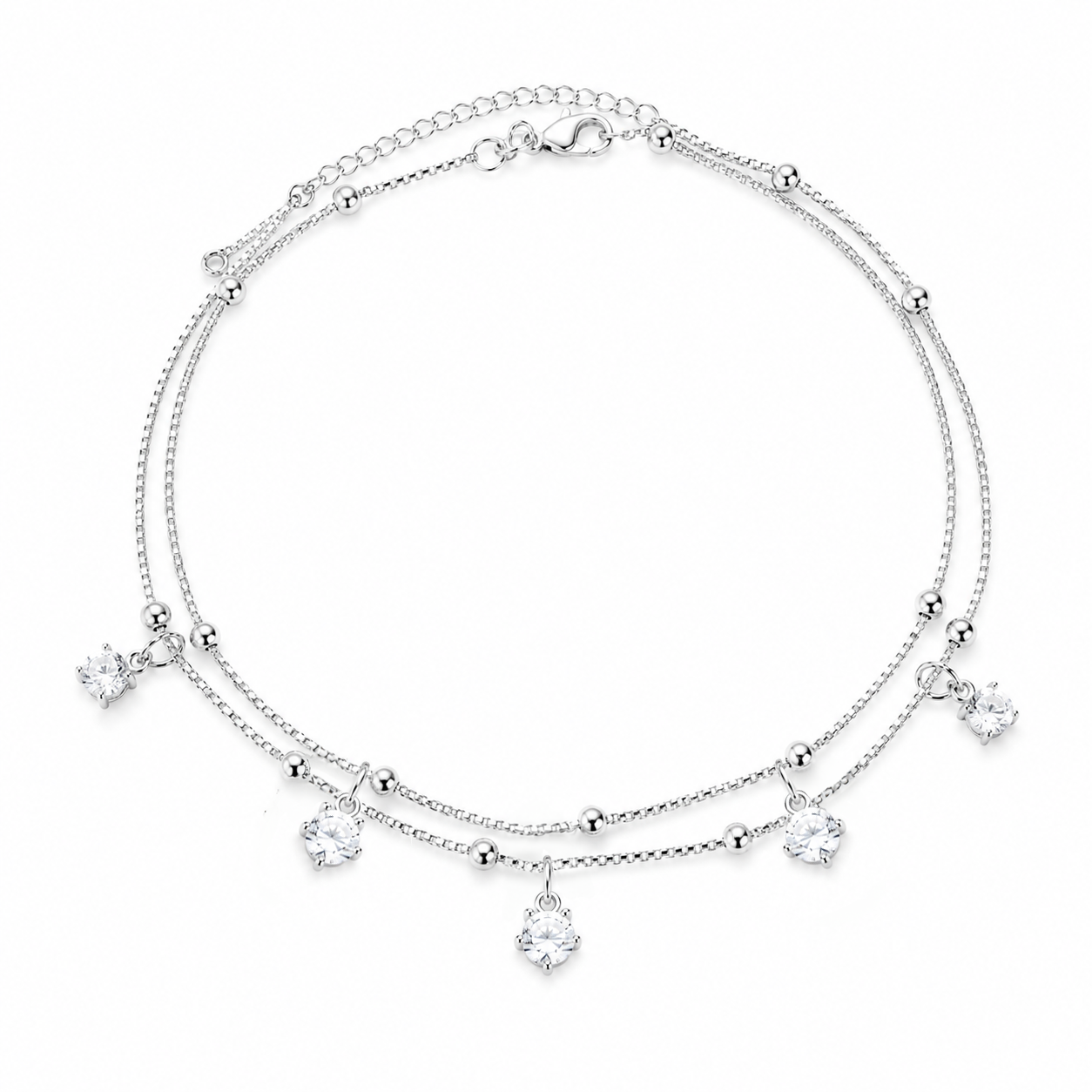 Silver double layered anklet with clear square crystal charms