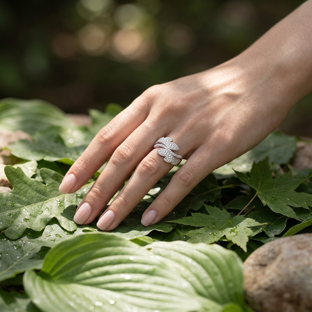 Woman's hand wearing a sparkling Leaf Design Silver Ring resting gently on green foliage