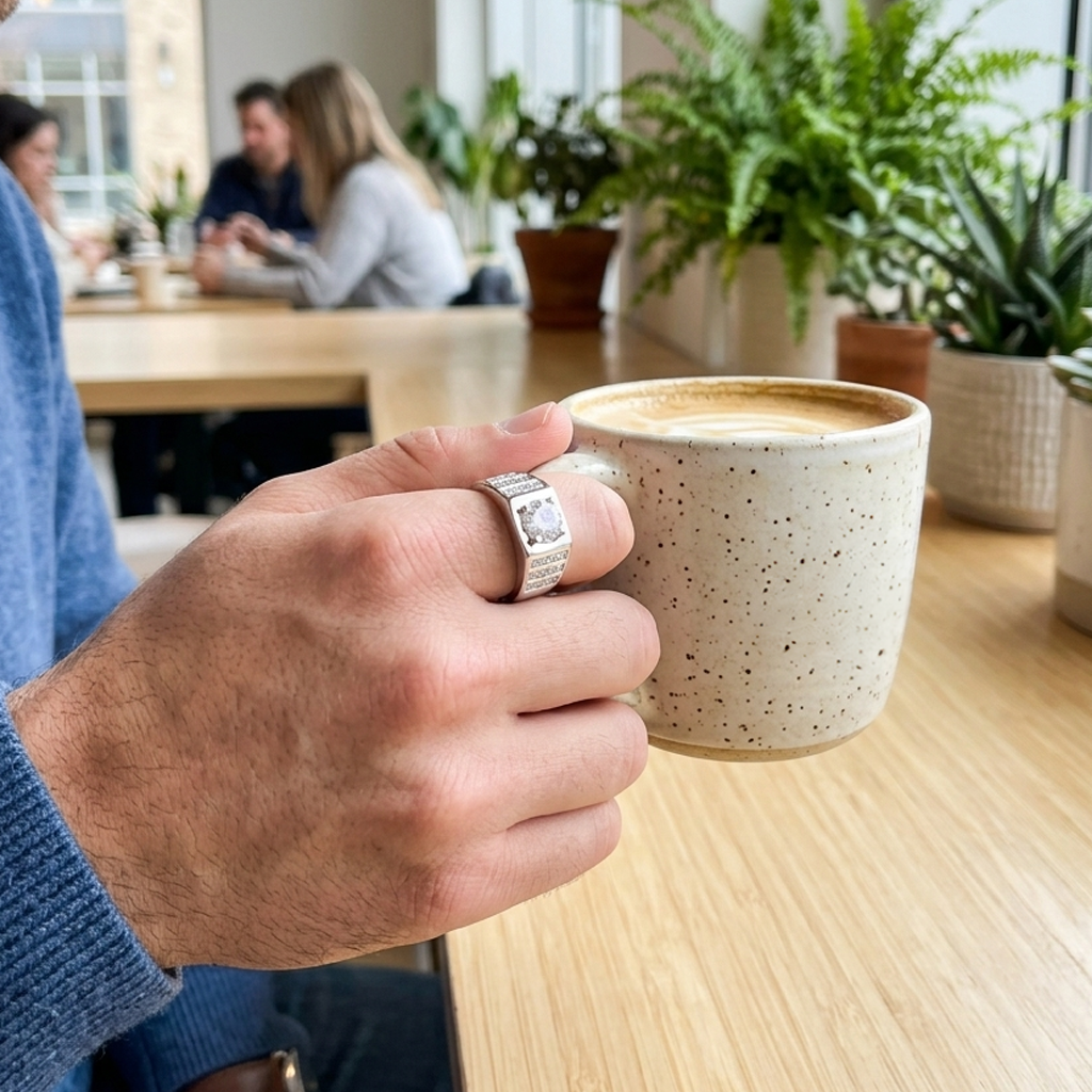  Man holding a speckled ceramic coffee mug at a cafe, showcasing a Men’s Silver Stone Ring with a square face and central brilliant stone on his hand.