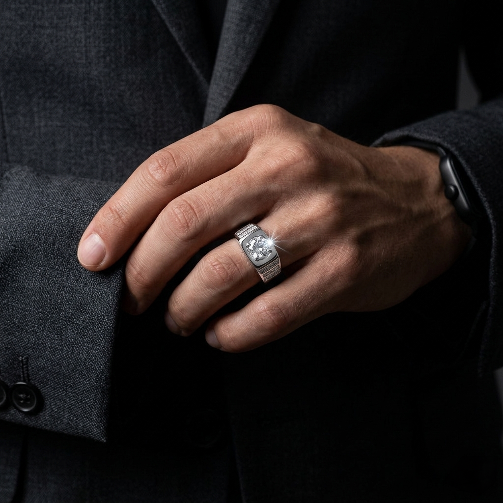 Close up of a man in a dark grey suit adjusting his cuff, wearing a Men’s Silver Stone Ring with a large center stone and studded side bands.