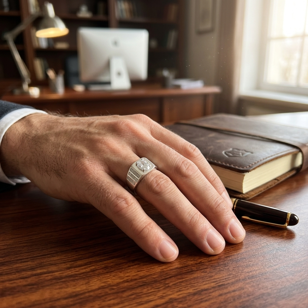Man's hand resting on a wooden desk next to a leather notebook and fountain pen, highlighting a bold Men’s Silver Stone Ring.