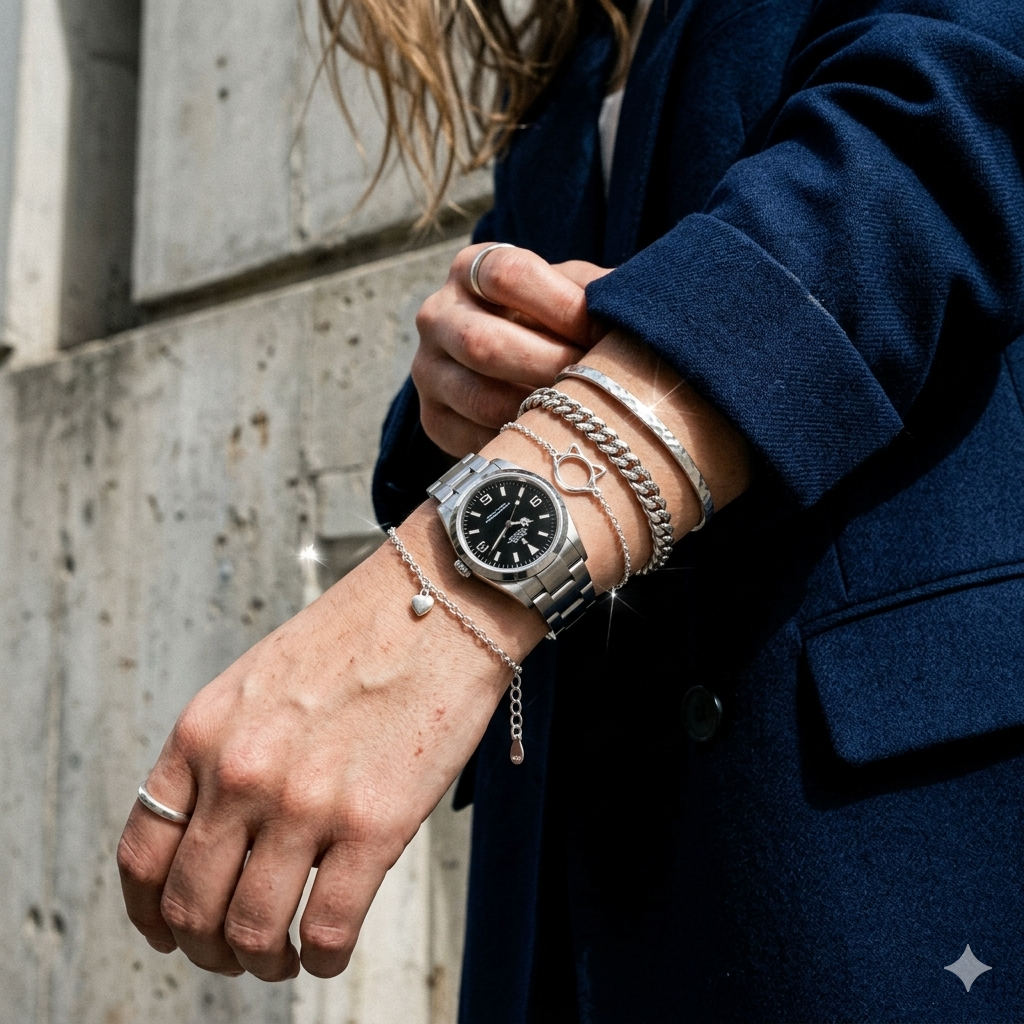  Stylishly layered wrist stack featuring the Minimalist Cat Ear Silver Bracelet positioned elegantly between a classic silver watch, a chunky chain bracelet, and a hammered bangle.