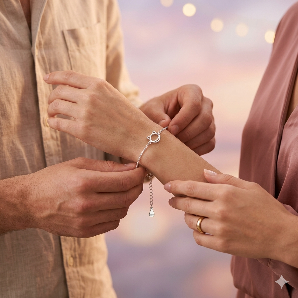 Close-up of someone's hands gently fastening the Minimalist Cat Ear Silver Bracelet onto a woman's wrist, highlighting the silver cat-shaped centerpiece.