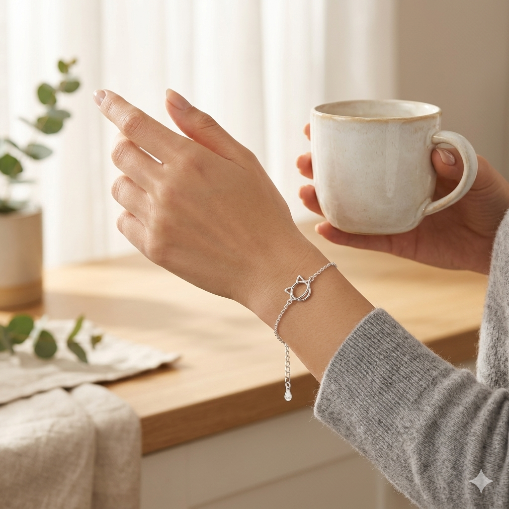 A woman wearing the Minimalist Cat Ear Silver Bracelet on her wrist with its delicate wireframe feline design catching the light