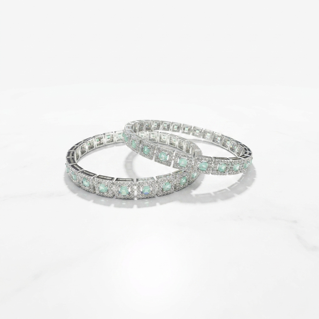 Two silver-plated Mint Green Stone Bangles displayed side-by-side on a plain white studio background.