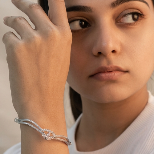 Modern Silver Crystal Heart Cuff Bracelet