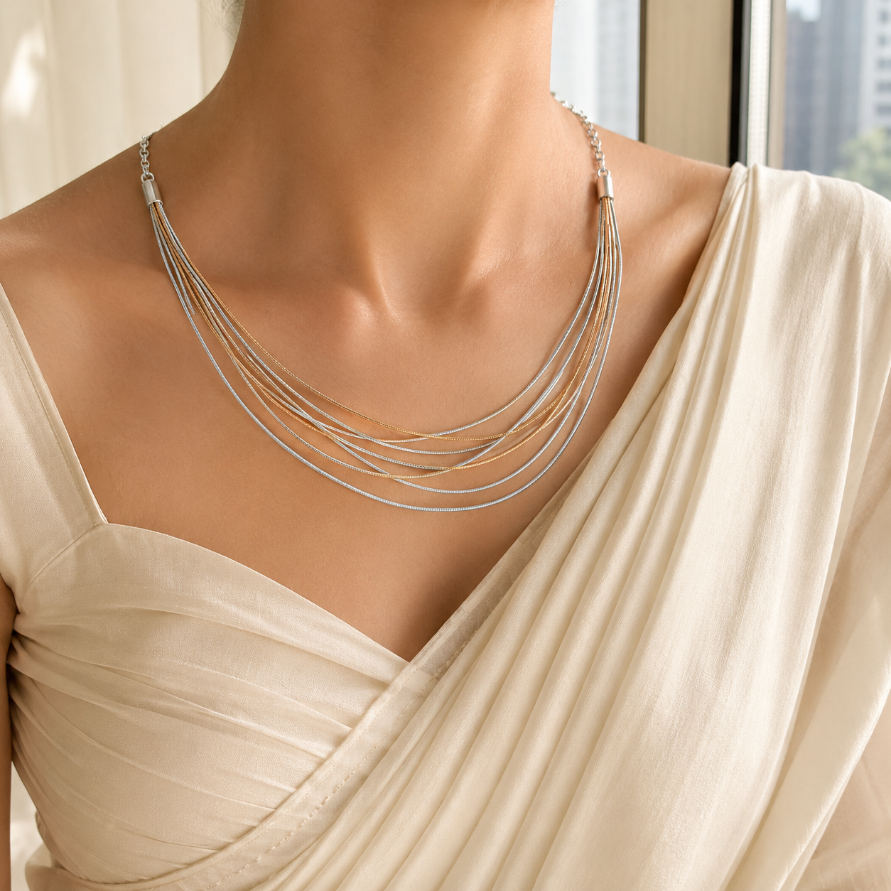 Detail shot highlighting the silver end-caps gathering the multi-strand two-tone necklace