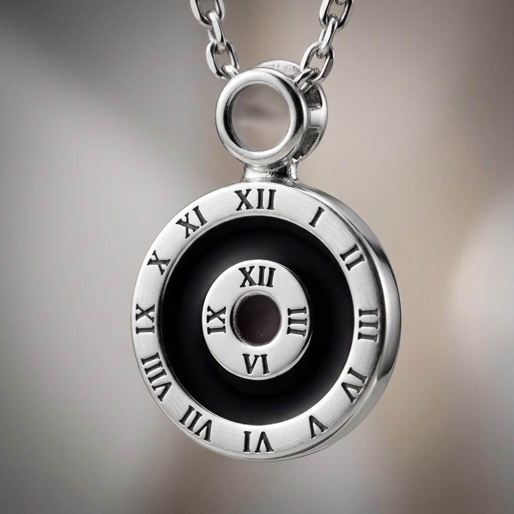 Extreme close-up of the Nazar Suraksha Pendant highlighting the concentric silver rings, Roman numerals, and deep black core