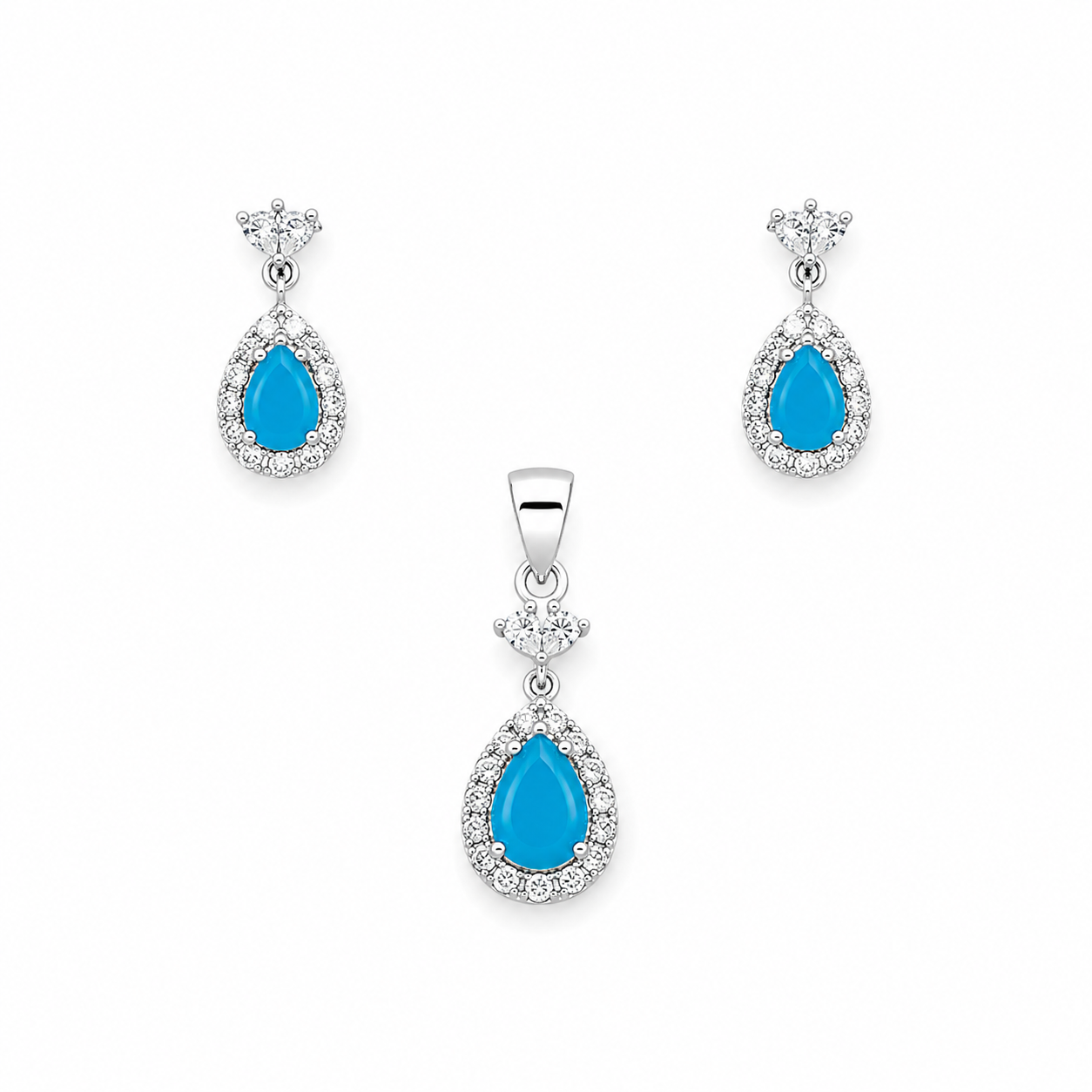 Ocean Blue Teardrop Silver Pendant and matching earrings displayed on a soft beige surface