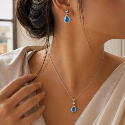 Ocean Blue Teardrop Silver Pendant and Earring Set