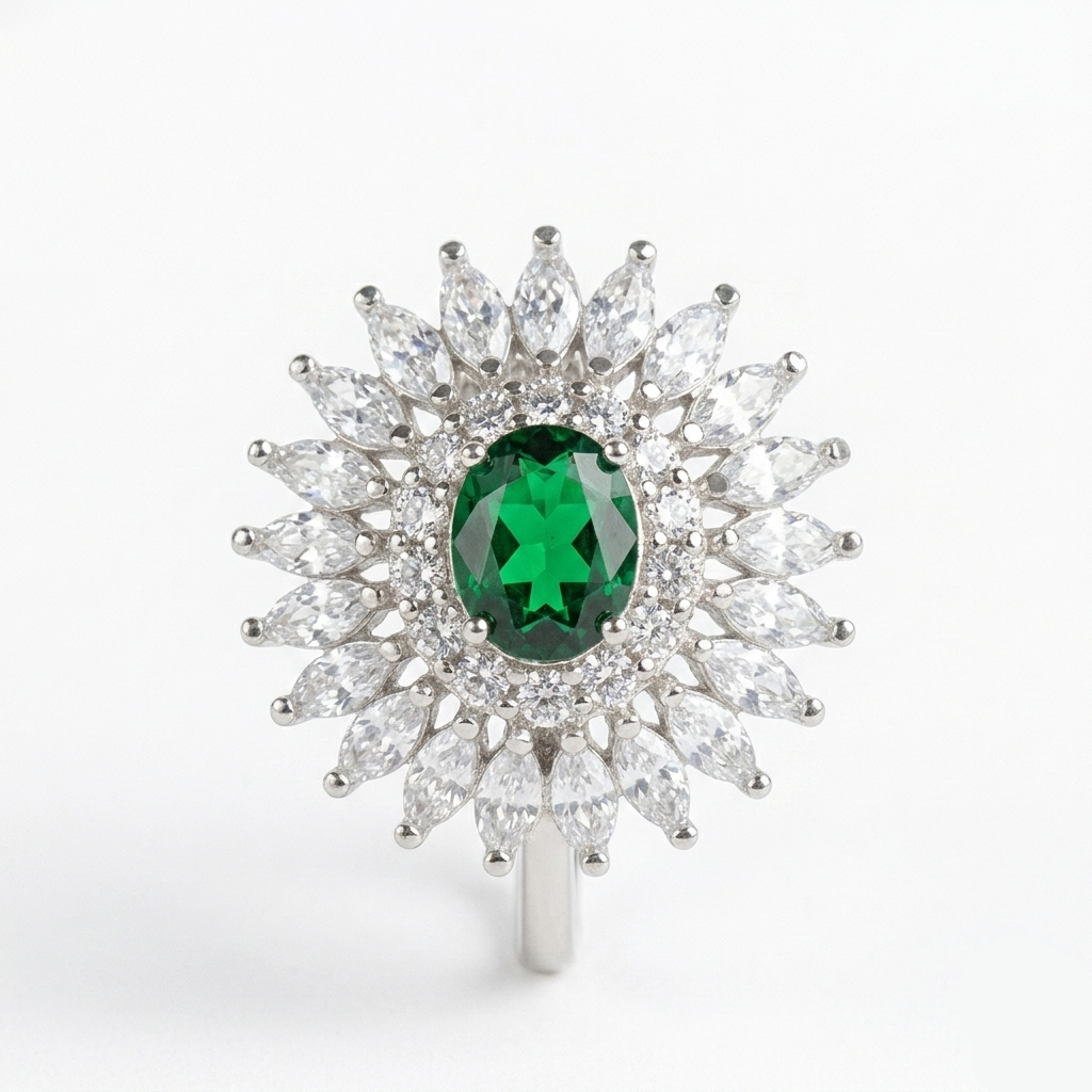 Front-facing studio shot of the Oval Emerald Silver Ring on a white background showing the symmetrical floral halo design