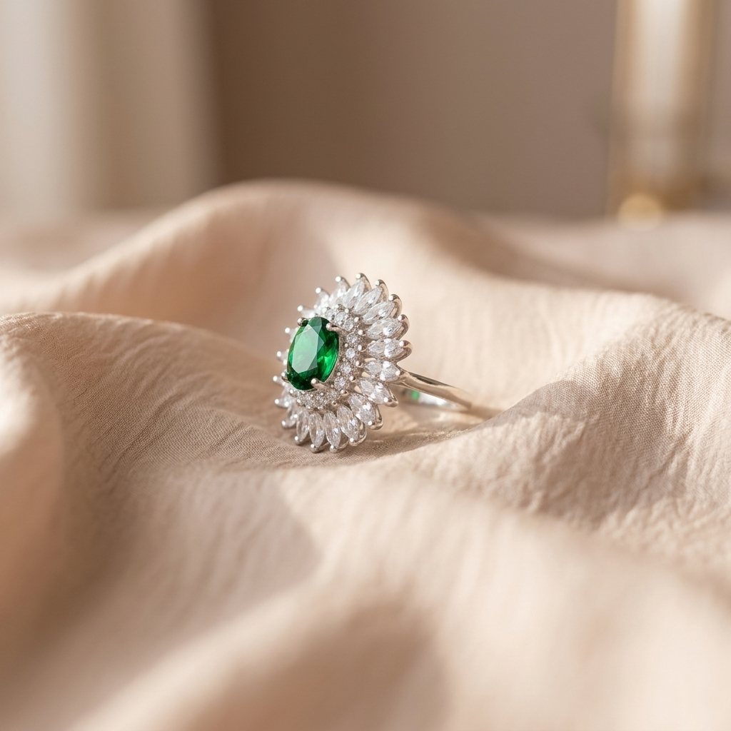 Close-up of the Oval Emerald Silver Ring resting on draped beige silk fabric