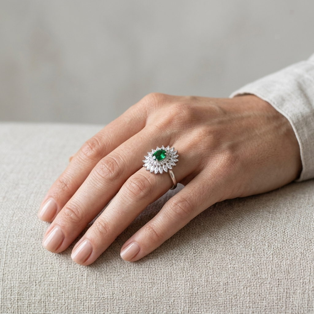 Woman's hand resting on a textured linen surface wearing a large Oval Emerald Silver Ring