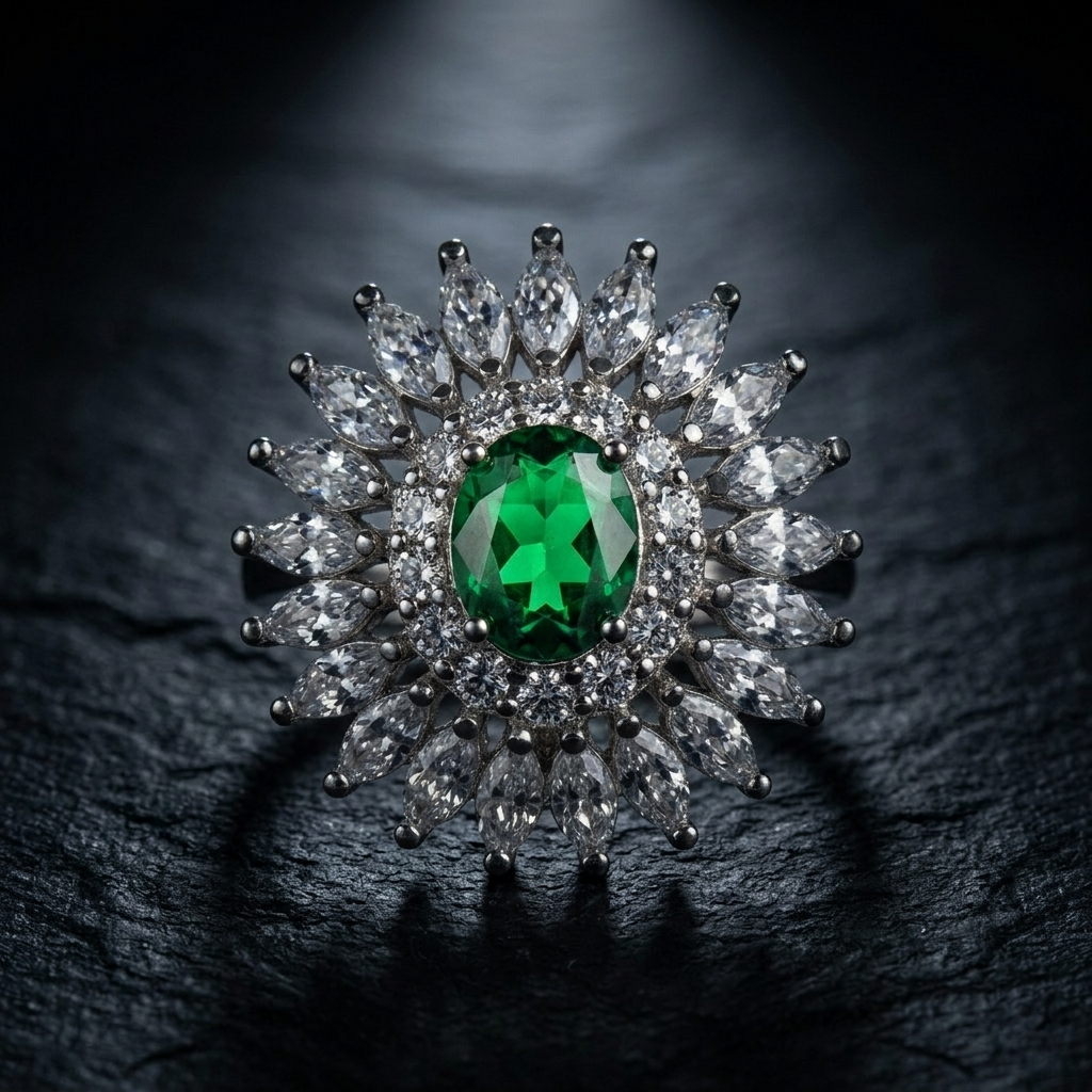 Dramatic macro shot highlighting the Oval Emerald Silver Ring against a dark slate background