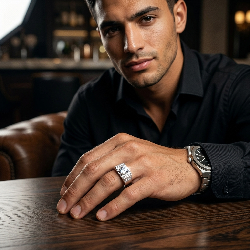 Handsome man wearing a black shirt showcasing the Oval Diamond Silver Ring on his finger. 