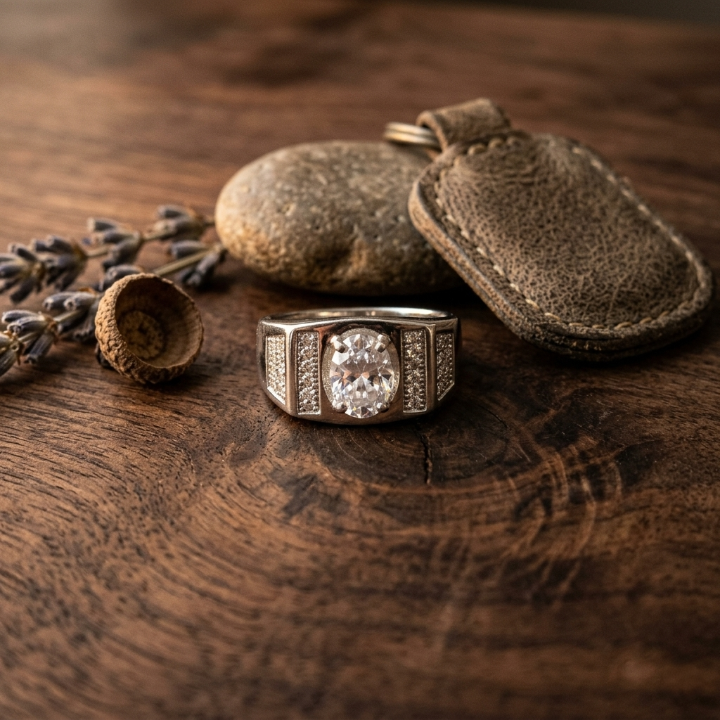 Oval Diamond Silver Ring resting on a rustic dark wooden table beside pebbles and a leather tag.