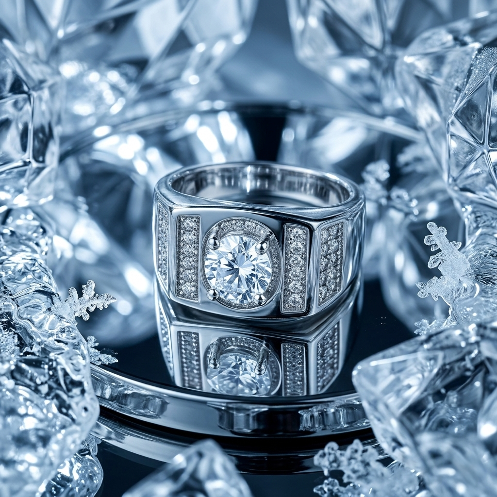 Brilliant Oval Diamond Silver Ring surrounded by faceted ice crystals on a reflective mirrored surface.