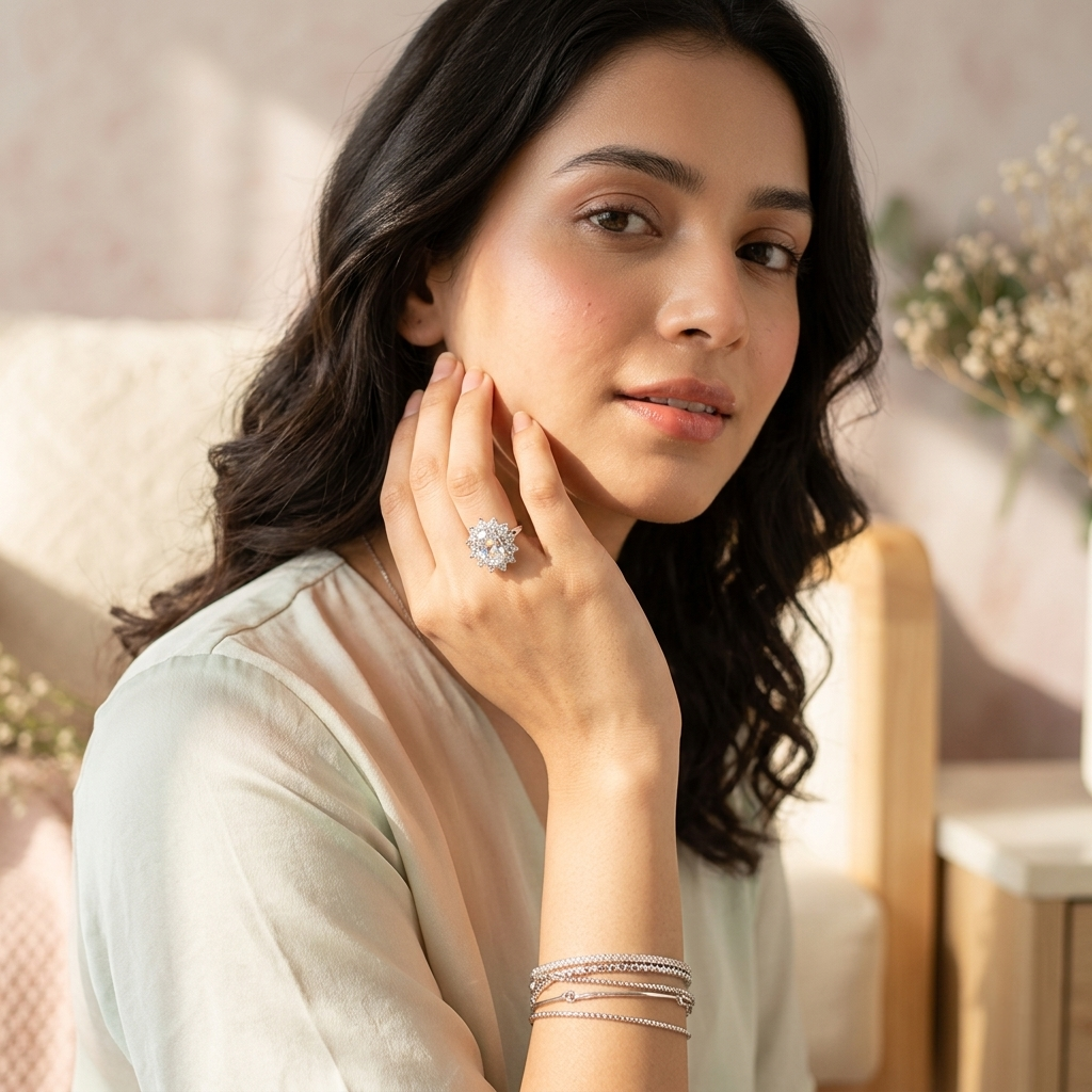 Portrait of a beautiful Indian woman wearing the Oval Solitaire Cluster Ring on her right hand while gently touching her face