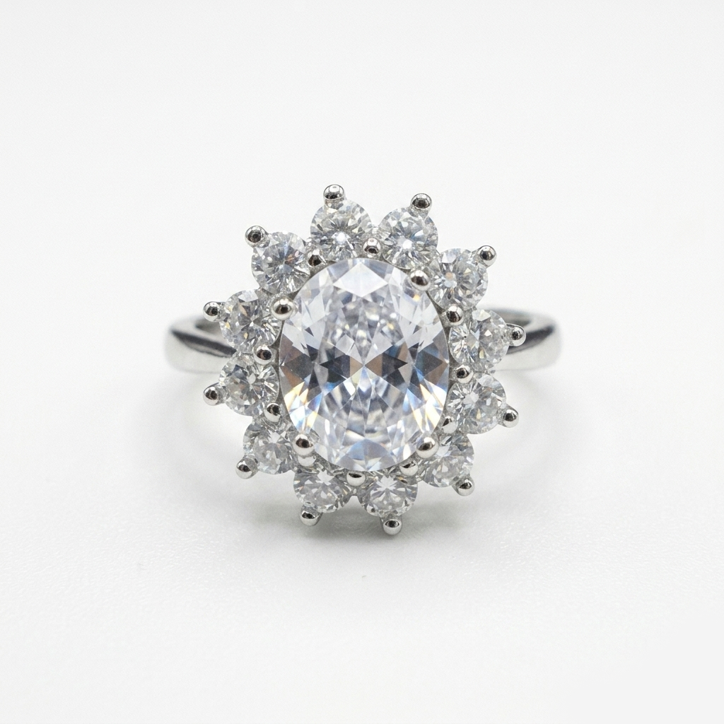 Close-up front view of the Oval Solitaire Cluster Ring on a plain white background, highlighting the brilliant center stone and starburst halo