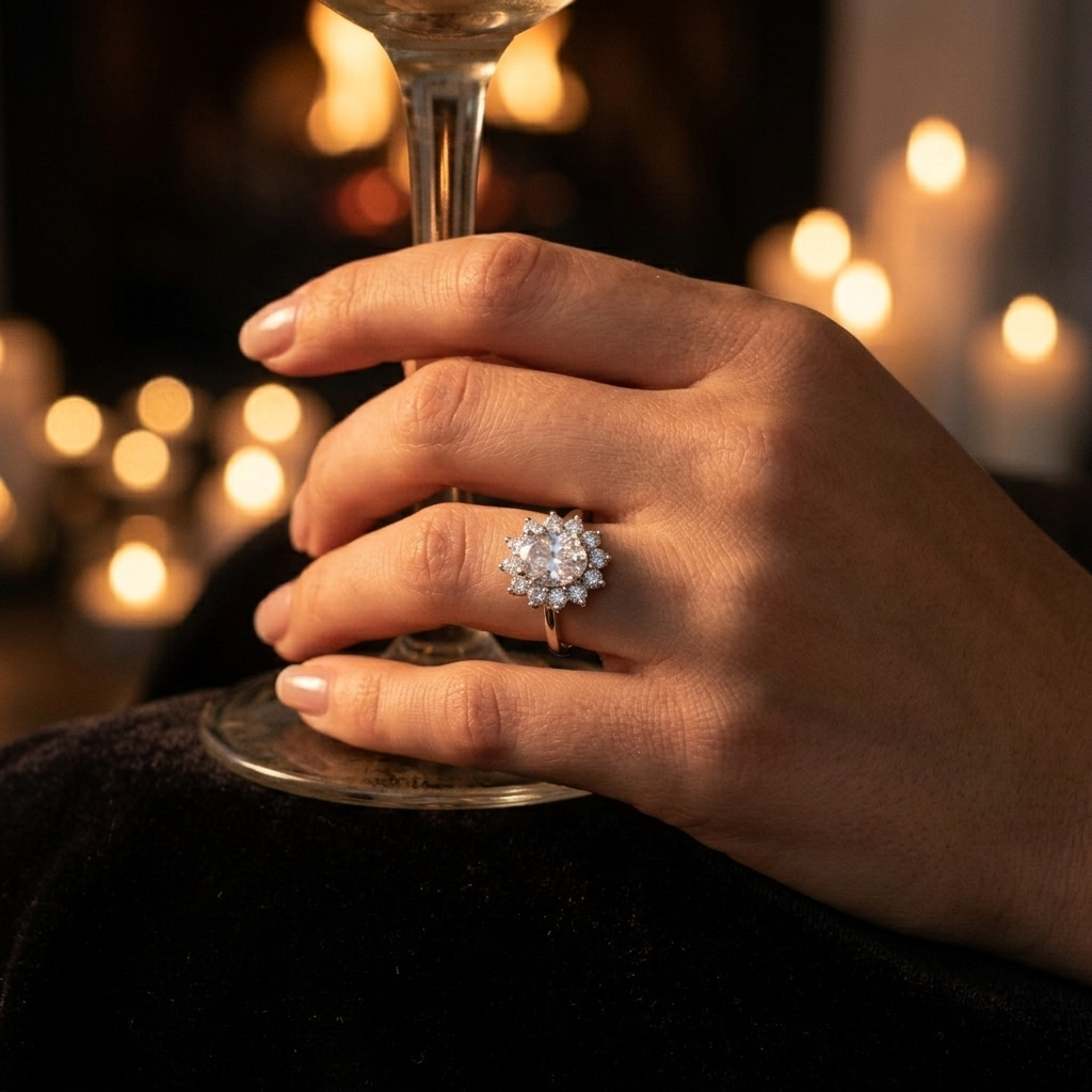 Woman's hand holding a wine glass by a fireplace, showcasing the Oval Solitaire Cluster Ring on her ring finger 