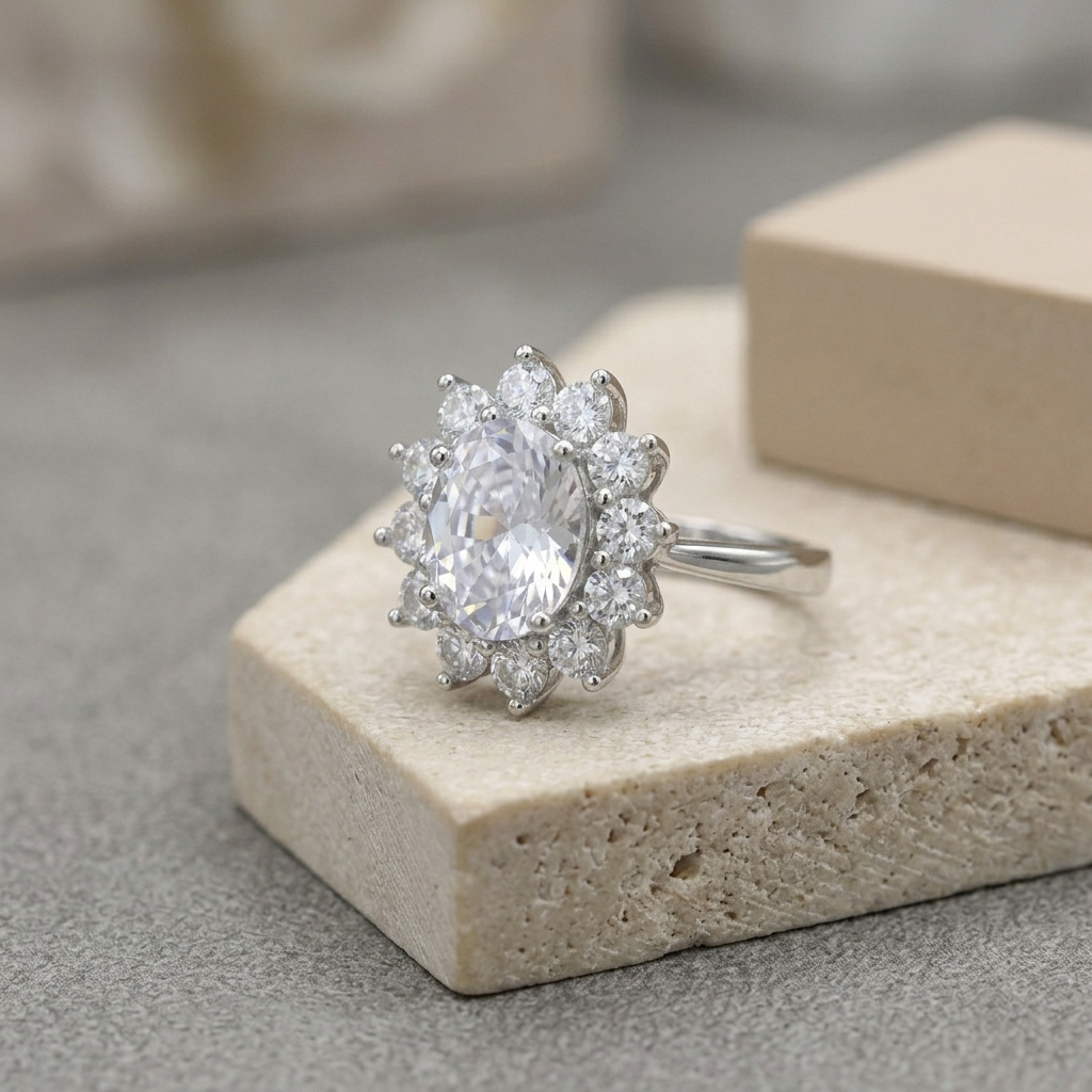 Angled macro shot of the Oval Solitaire Cluster Ring resting on a textured stone block, showing the band and prong details