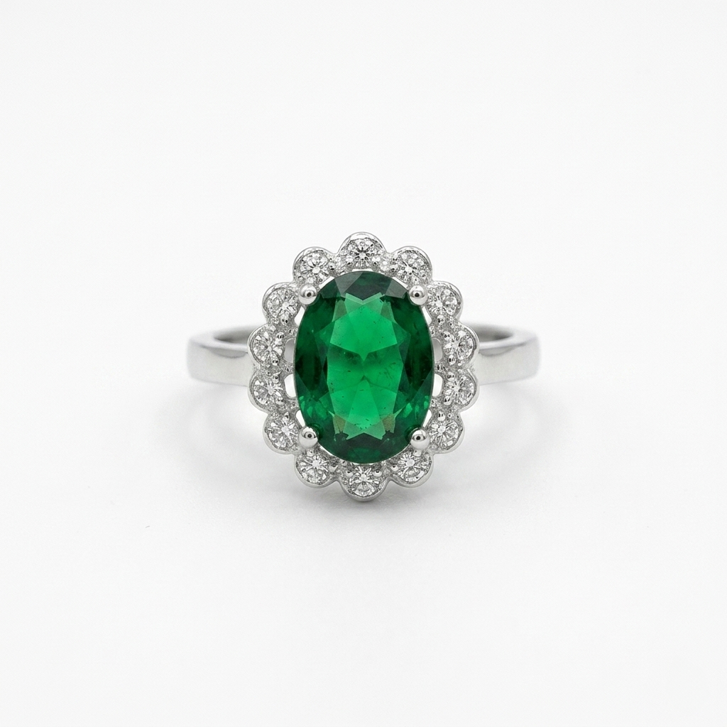 Front view of a Panna Stone Silver Ring with a scalloped diamond halo on a white background.