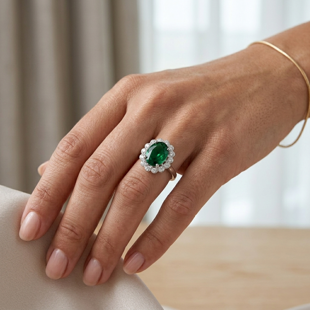 Woman's hand wearing a Panna Stone Silver Ring with a floral silver halo.