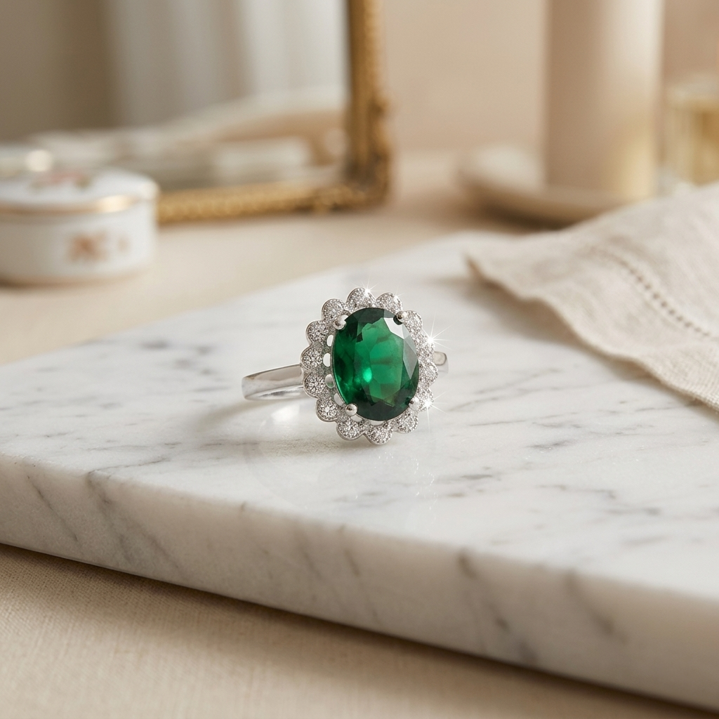 Green Panna Stone Silver Ring resting on a white marble surface. 