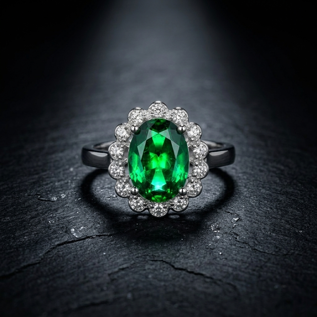Close up of a sparkling green Panna Stone Silver Ring on a dark slate background. 