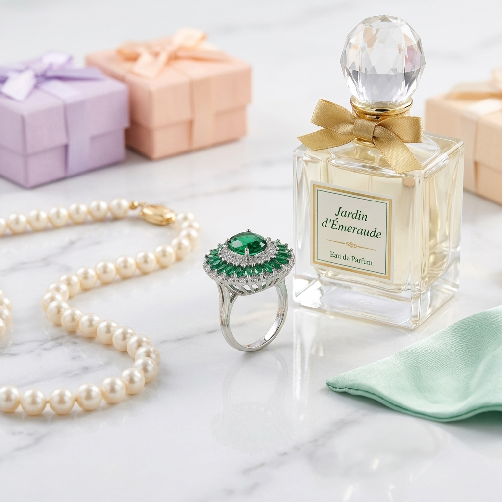 Party Wear Green Stone Silver Ring standing upright on a white marble surface next to a perfume bottle and a pearl necklace.