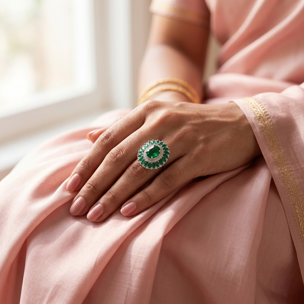 Close up of a woman's hands resting gracefully on a light pink saree, showcasing an oversized Party Wear Green Stone Silver Ring.