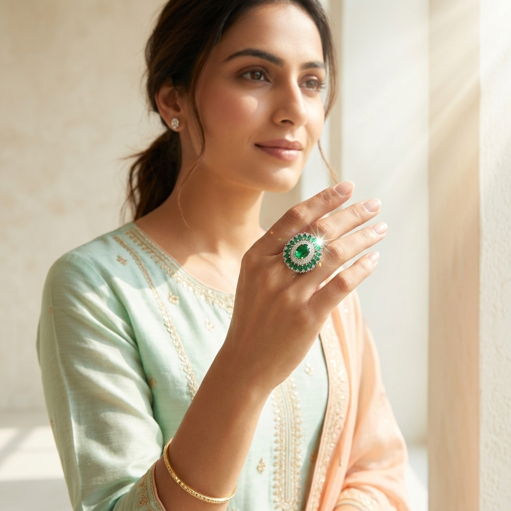 Woman looking away thoughtfully, wearing a large Party Wear Green Stone Silver Ring with a light pastel ethnic outfit.