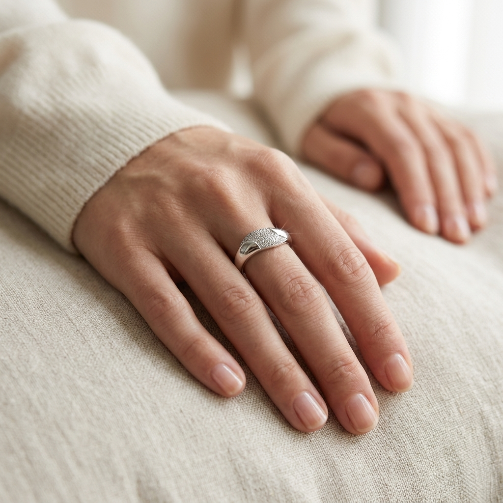 Woman wearing the Party wear silver ring with a pavé stone wave design on her right hand Image