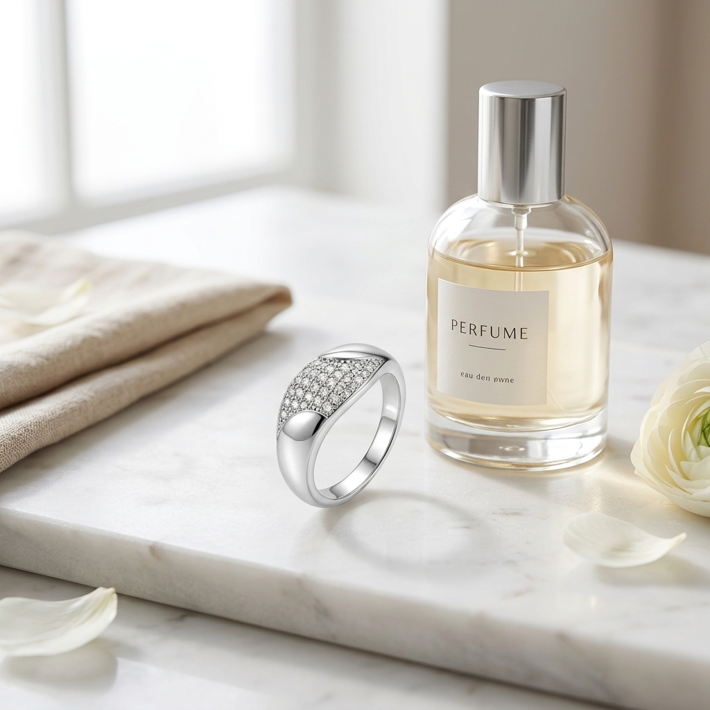 Party wear silver ring placed horizontally on a white marble vanity next to a glass perfume bottle