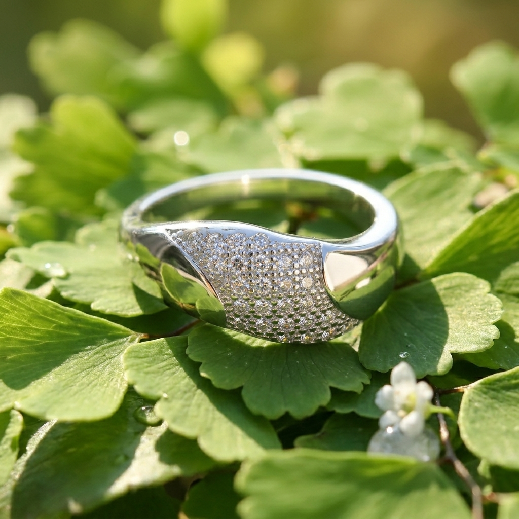 Close-up of the Party wear silver ring with clustered stones resting on green textured maidenhair fern leaves