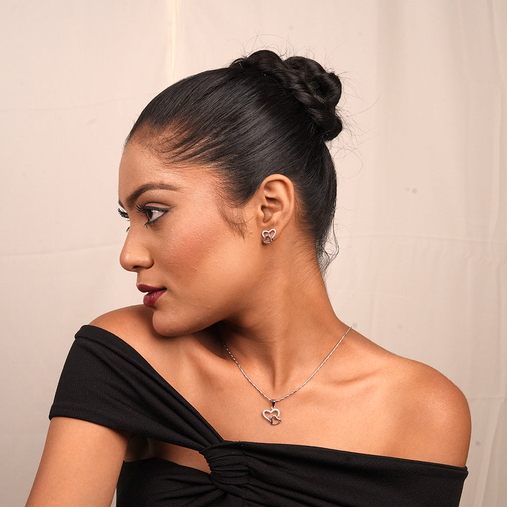 Silver Pavé Double Open Heart Necklace & Earring Set