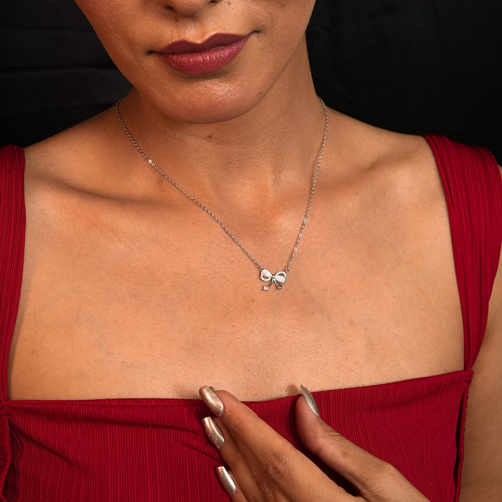 Silver Pearl Bow Pendant Necklace