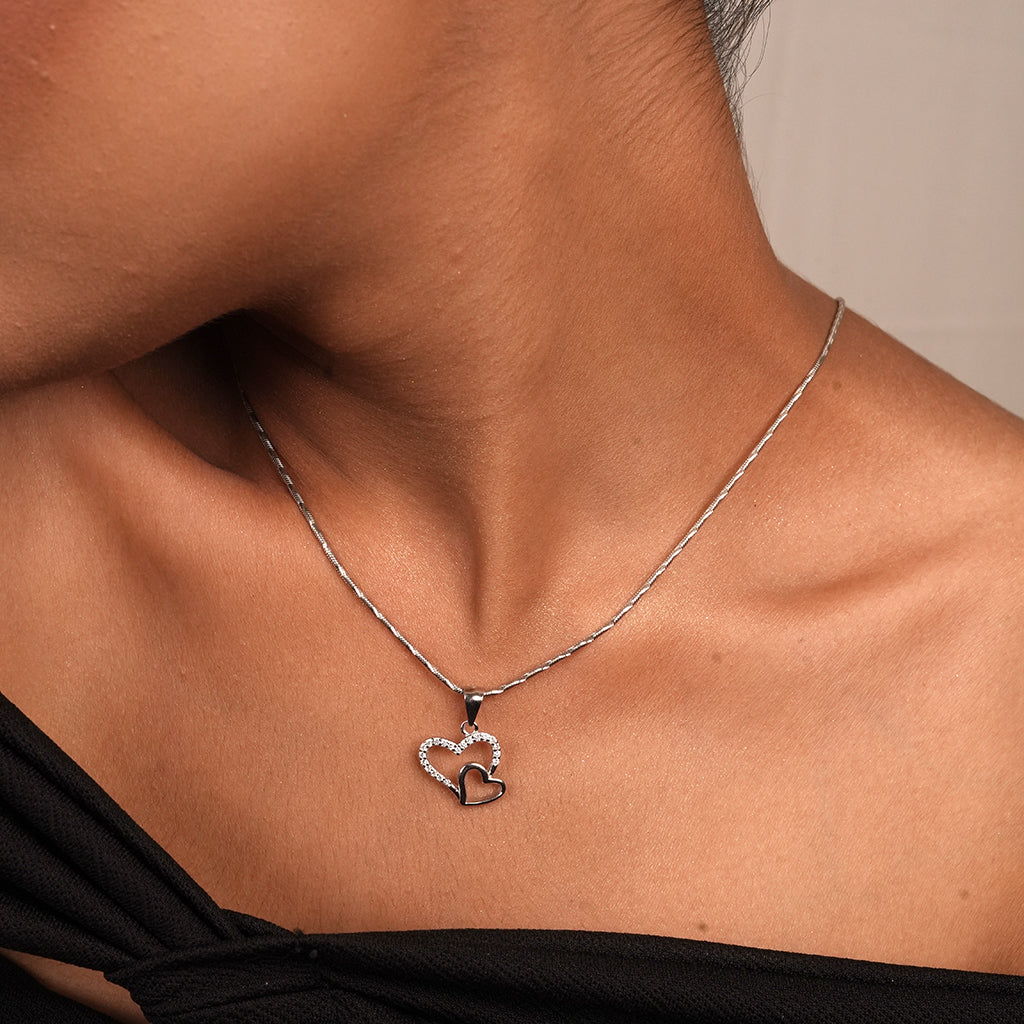 Silver Pavé Double Open Heart Necklace & Earring Set