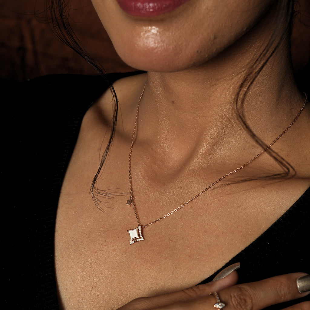 Silver Square Pendant Necklace with Star