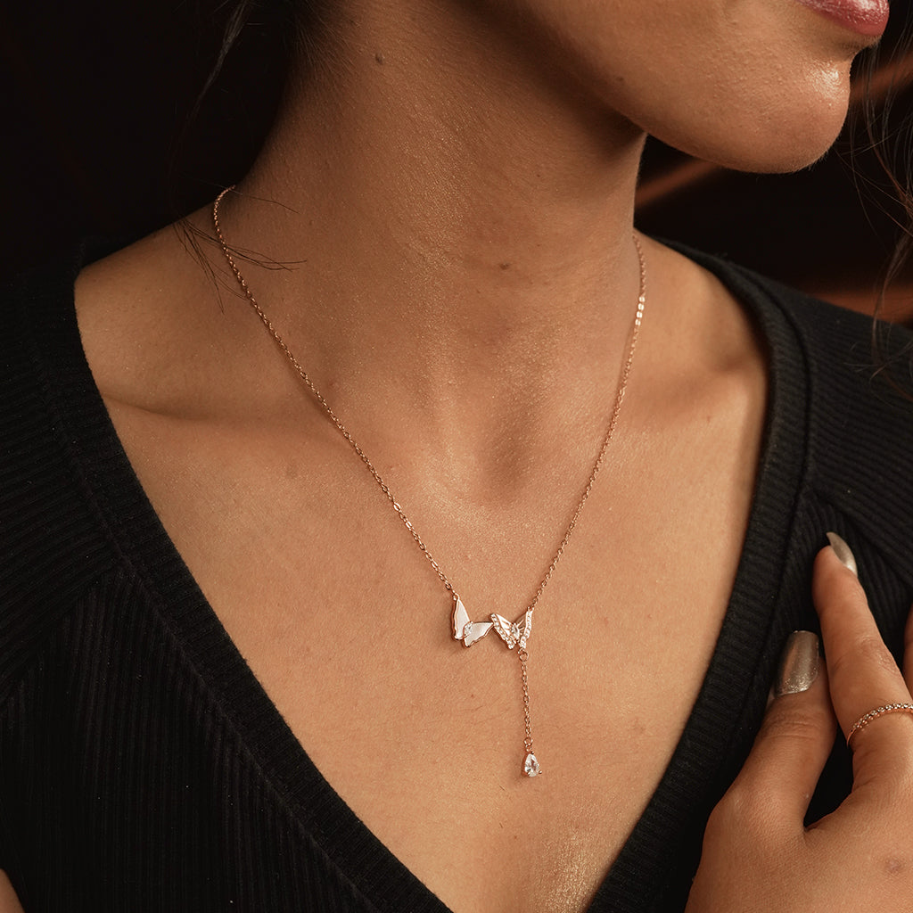 Rose Gold Butterfly Lariat Necklace