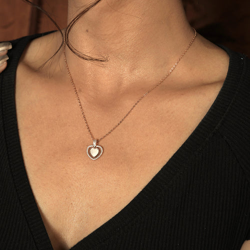 Silver Pearl Heart Halo Pendant Necklace