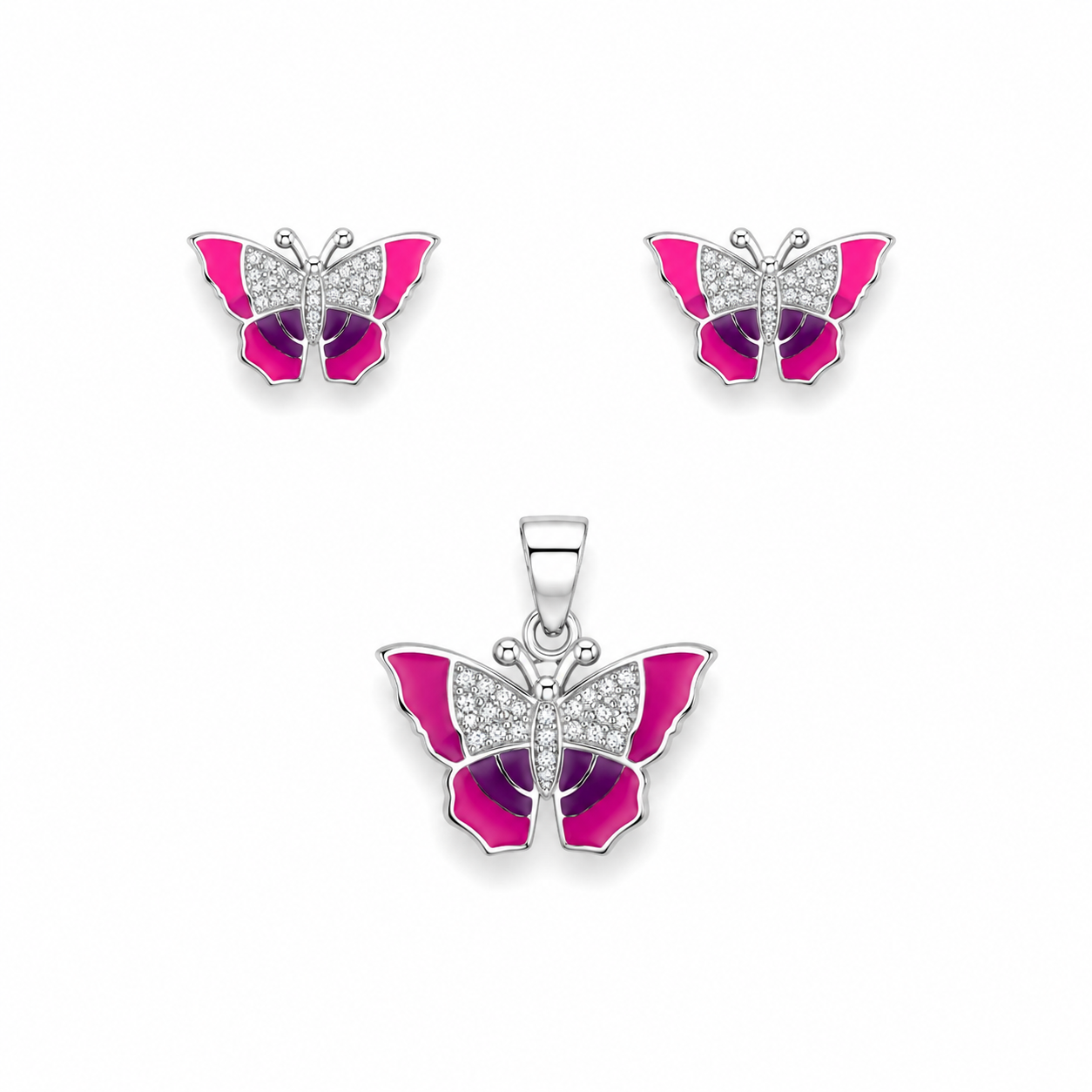 Matching jewelry set featuring a silver butterfly pendant and stud earrings decorated with hot pink enamel and clear stones.