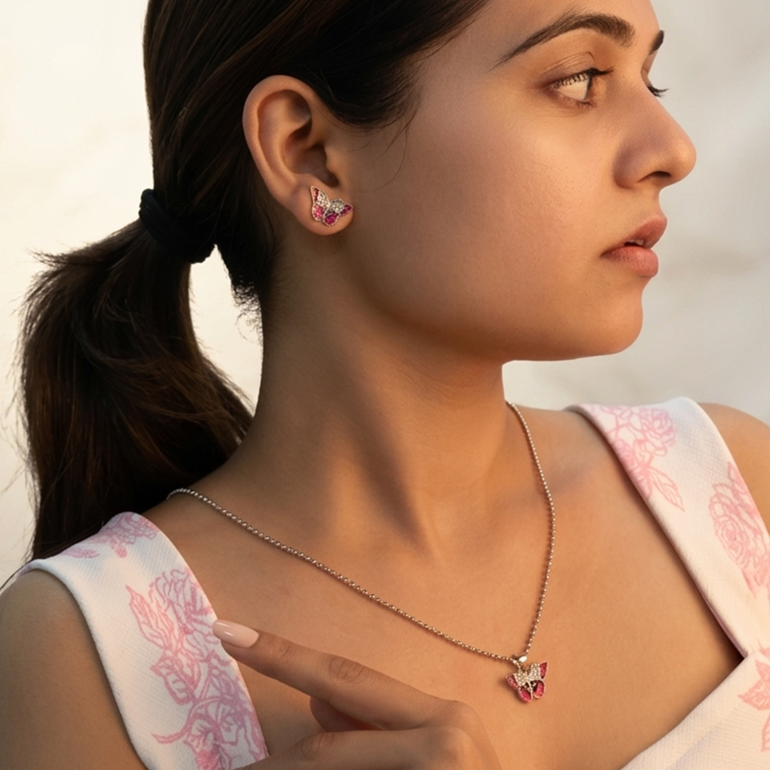 Complete arrangement of the Pink Enamel Butterfly Silver Pendant and Earring Set on a white background.